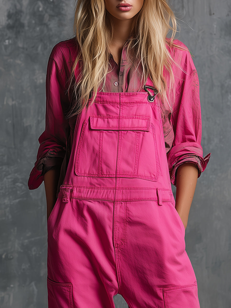 Casual And Stylish Multi-pocket Rose Pink Washed Cotton Overalls
