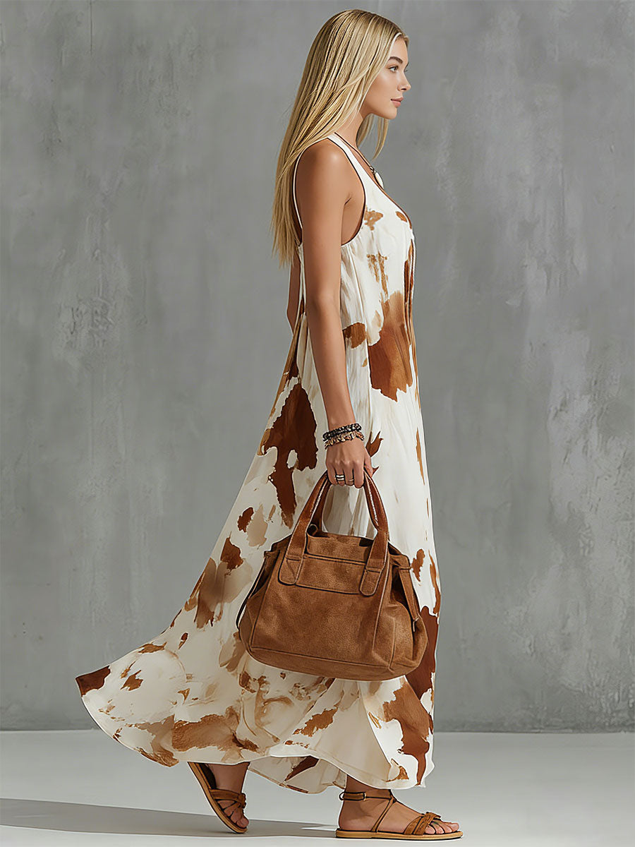 Vintage Brown Cow Print White Chiffon Sleeveless Maxi Dress
