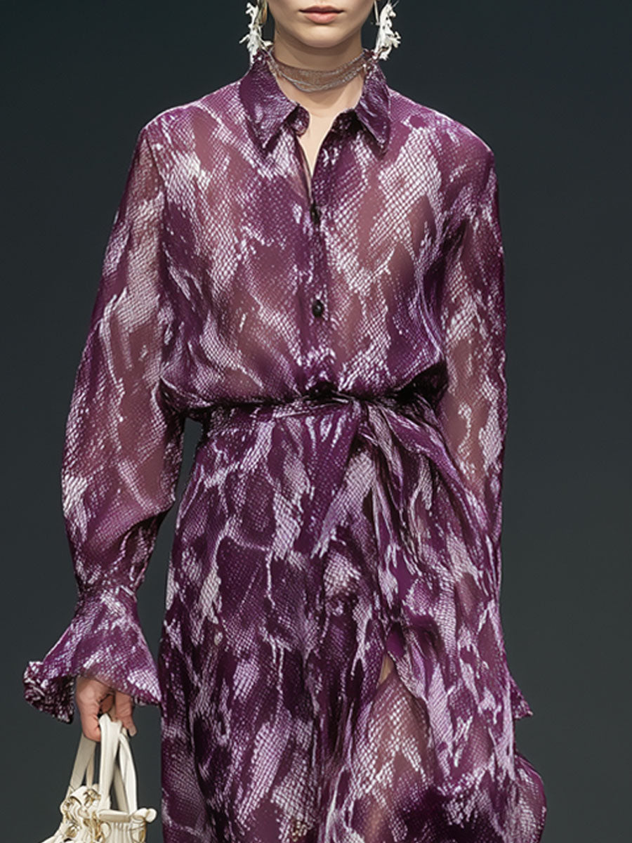 Fashionable Retro Purple Snakeskin Chiffon Long-sleeved Irregular Midi Dress
