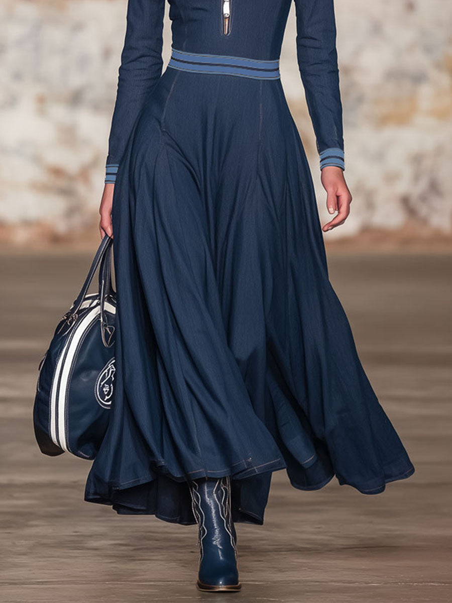 Stand-up Collar Half-zip Color-blocked Ribbed Denim Maxi Dress