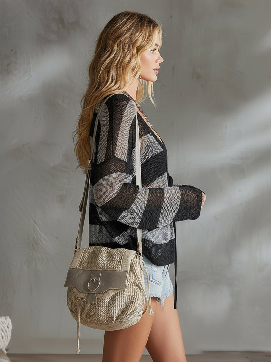 Trendy Vacation Striped Mesh Knit Cardigan