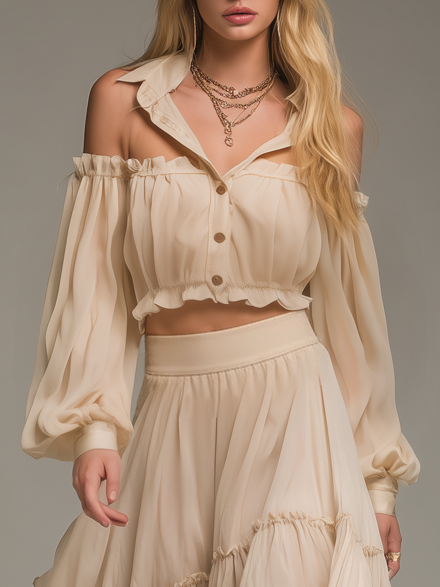 Elegant Stylish Long Sleeve Chiffon Blouse And Ruffled Skirt Set