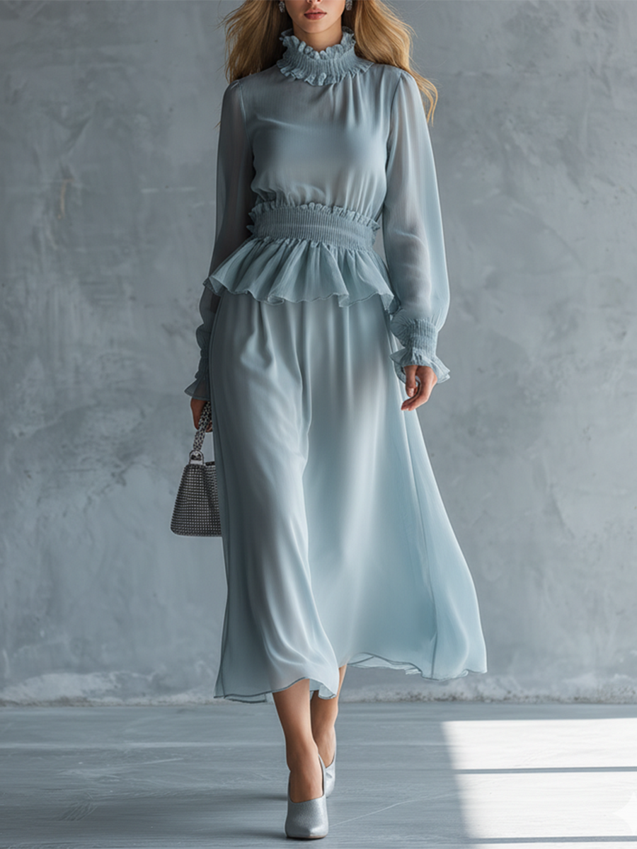 Stylish And Elegant High-neck Long-sleeved Ruffled Chiffon Midi Dress
