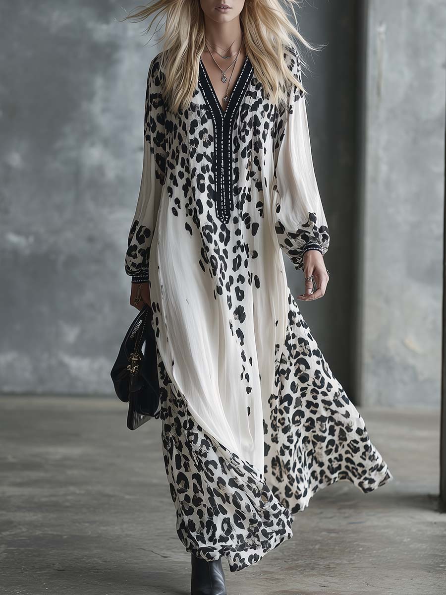 Retro Fashion Flowing V-neck Black Leopard Print White Chiffon Maxi Dress