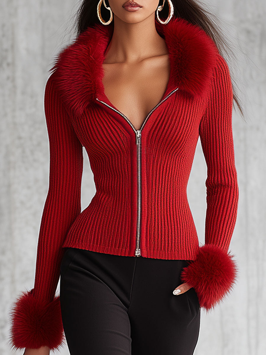 Lapel Zipper Faux Fur Collar Knitted Cardigan