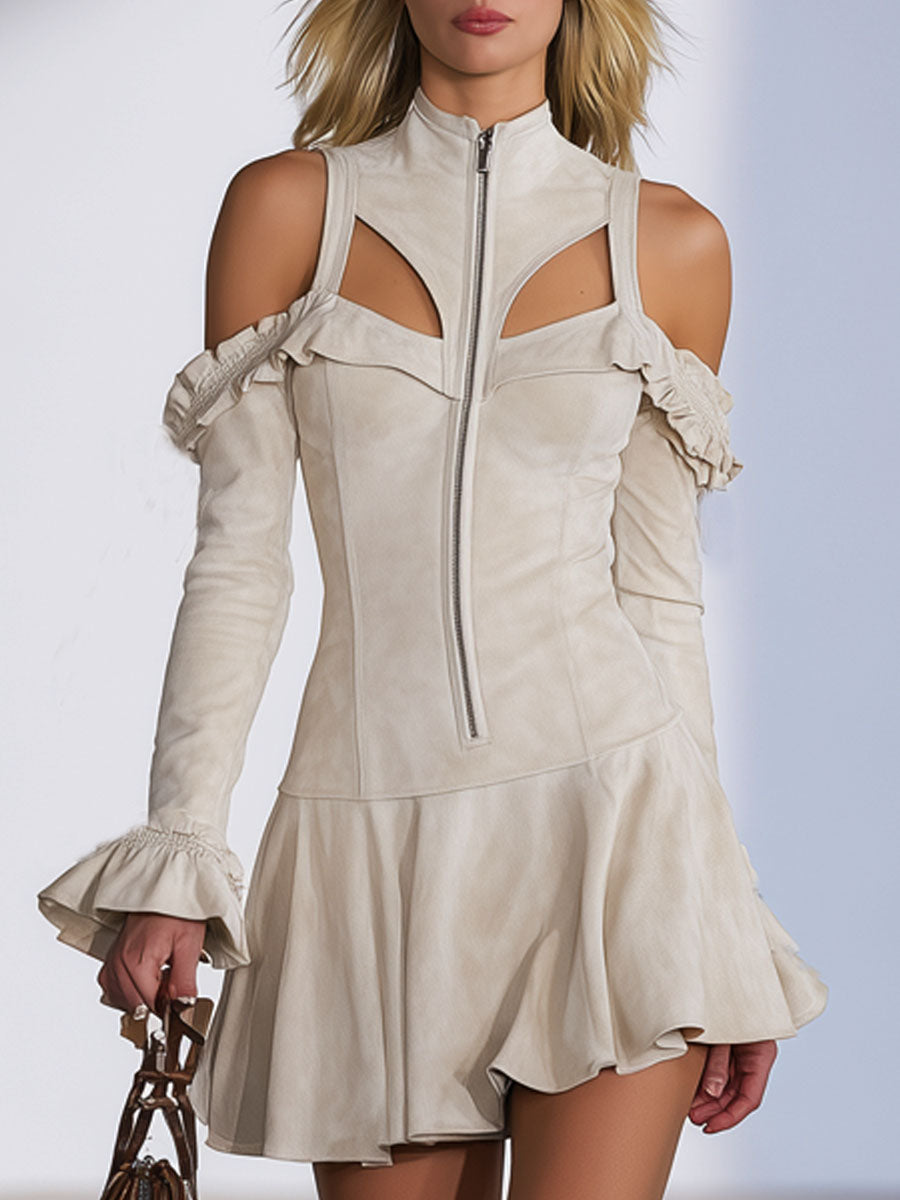 Western Stand-collar Zippered Ruffled Cold Shoulder Faux Suede Long-sleeved Mini Dress
