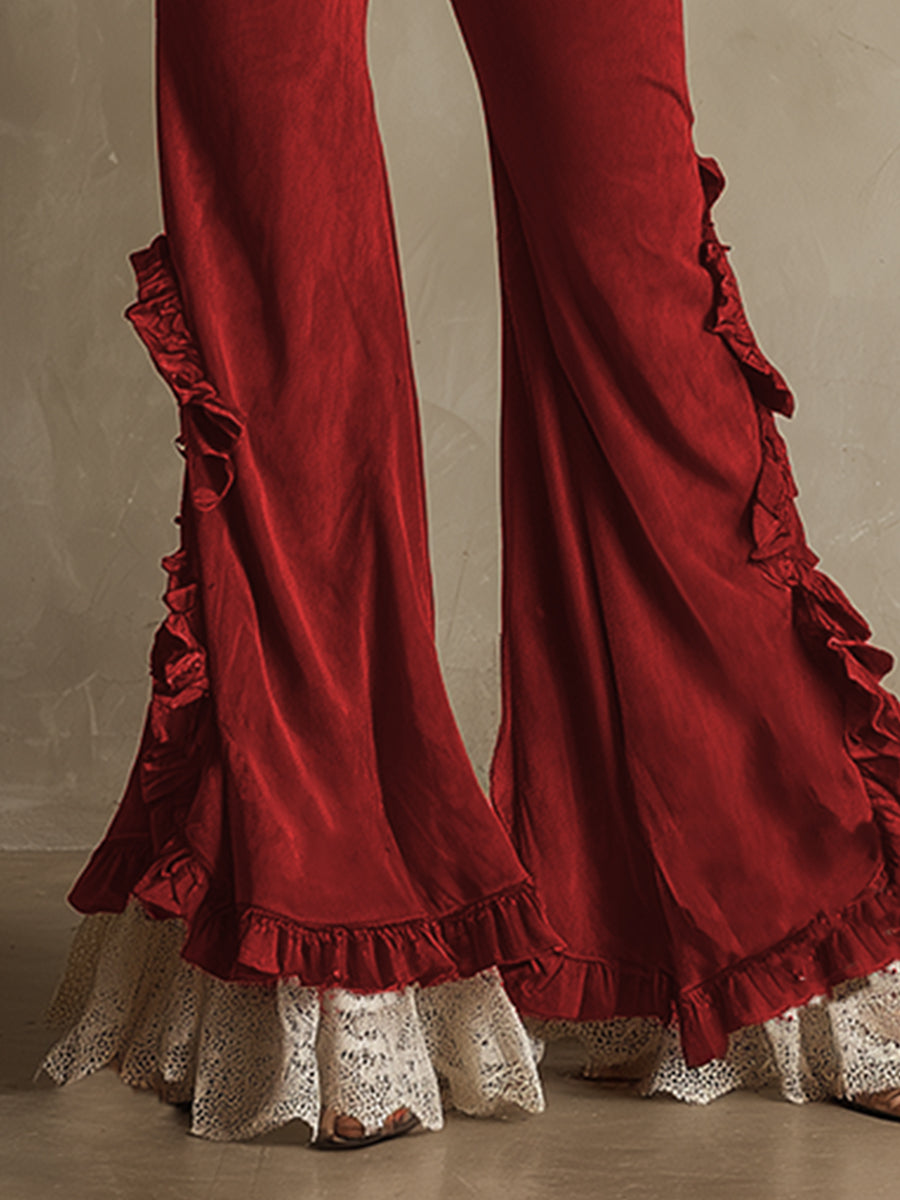 Stylish Retro Ruffled Red Faux Suede Flared Pants