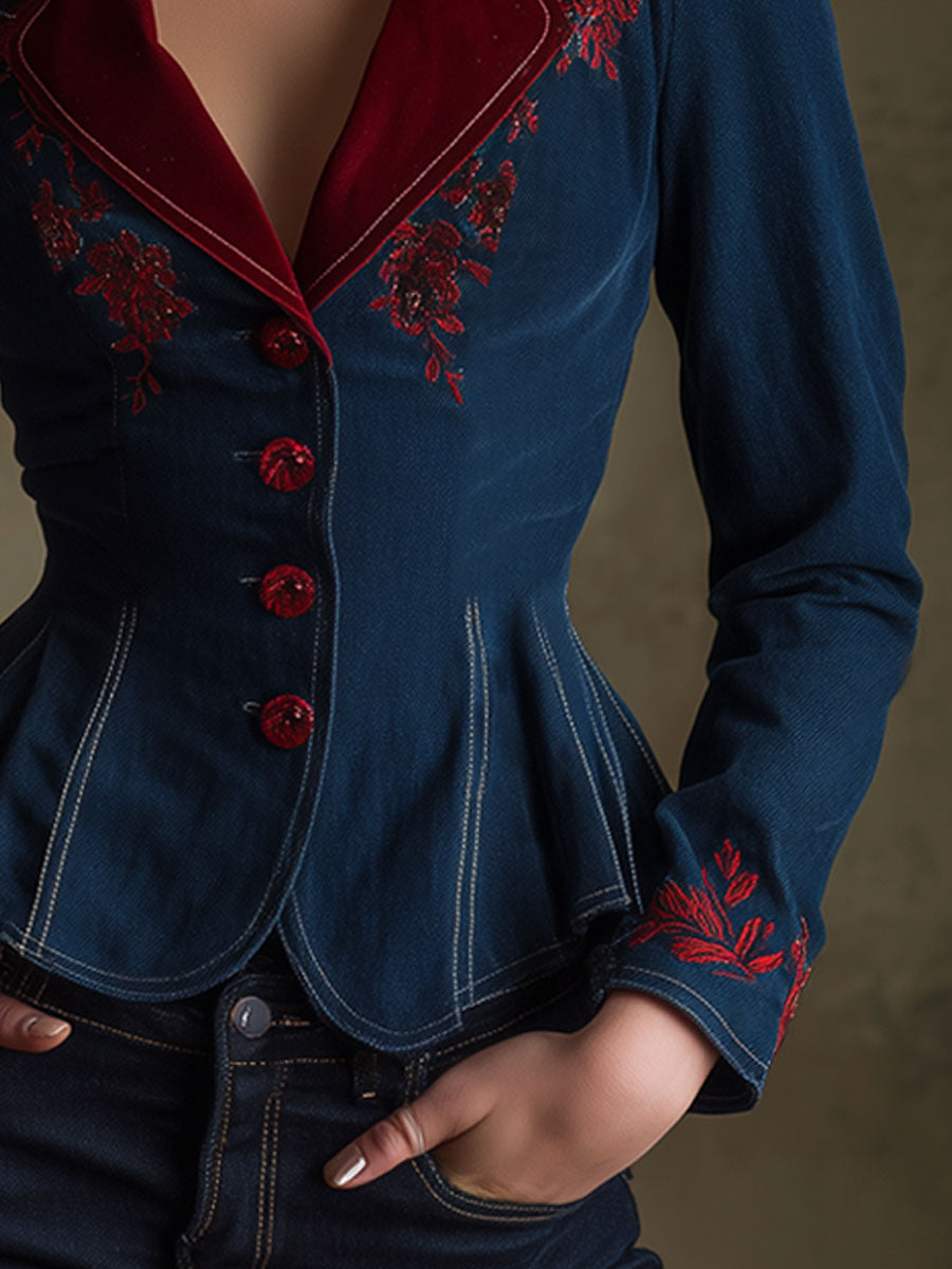 Retro Velvet Lapel Embroidered Dark Blue Denim Fitted Ruffled Blazer
