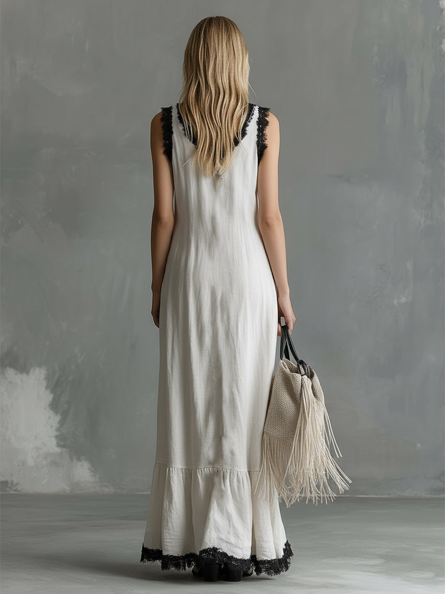 Elegant Urban Style Lace-trimmed White Cotton And Linen Sleeveless Maxi Dress