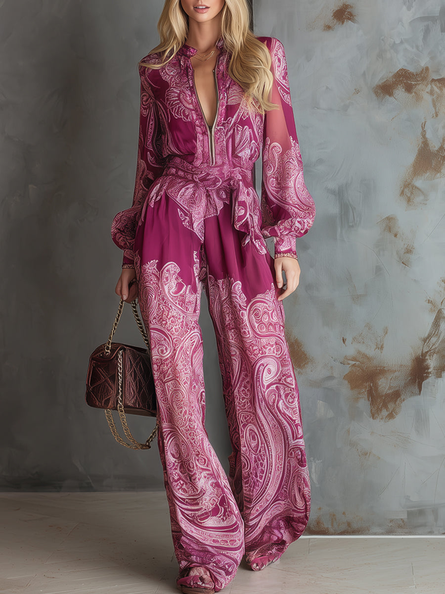 Elegant And Modern Hot Pink Printed Chiffon Long-sleeved Wide-leg Jumpsuit