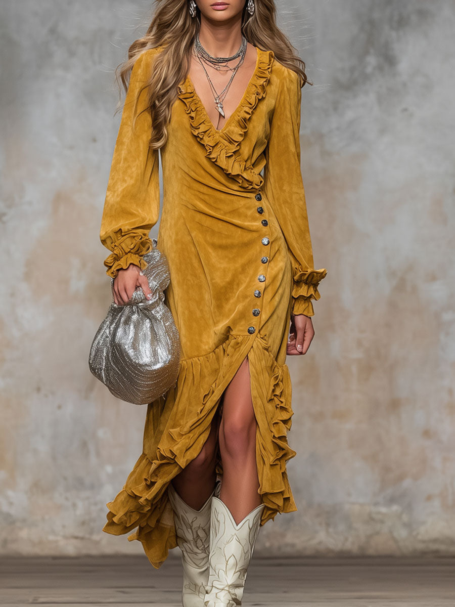 V-neck Ruffled Button-front Slit Faux Suede Long-sleeved Midi Dress