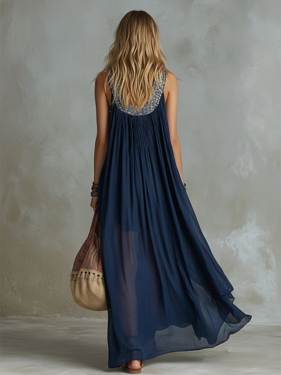 Classic Silhouette Sequin-Embellished Neckline Navy Chiffon Sleeveless Maxi Dress