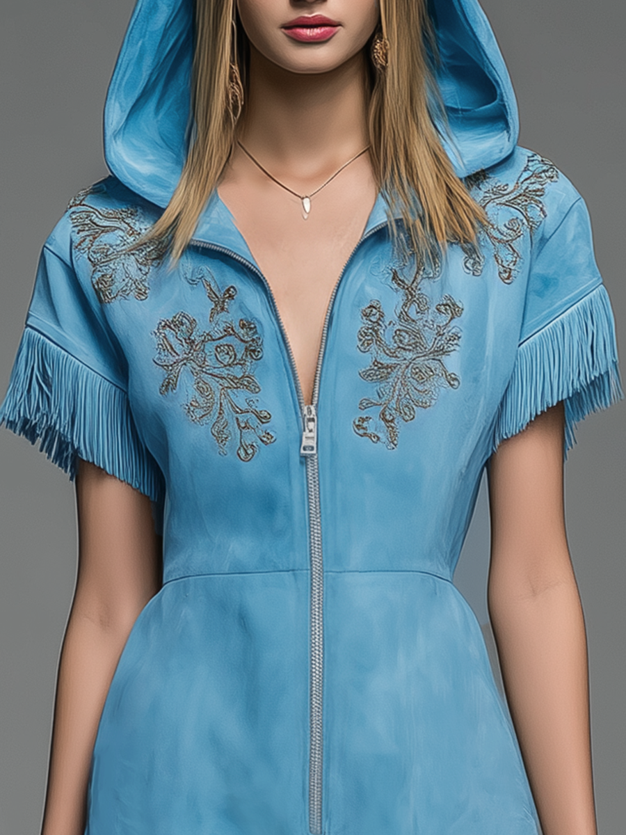 Fashionable Retro Hooded Zippered Embroidered Short-sleeved Mini Dress