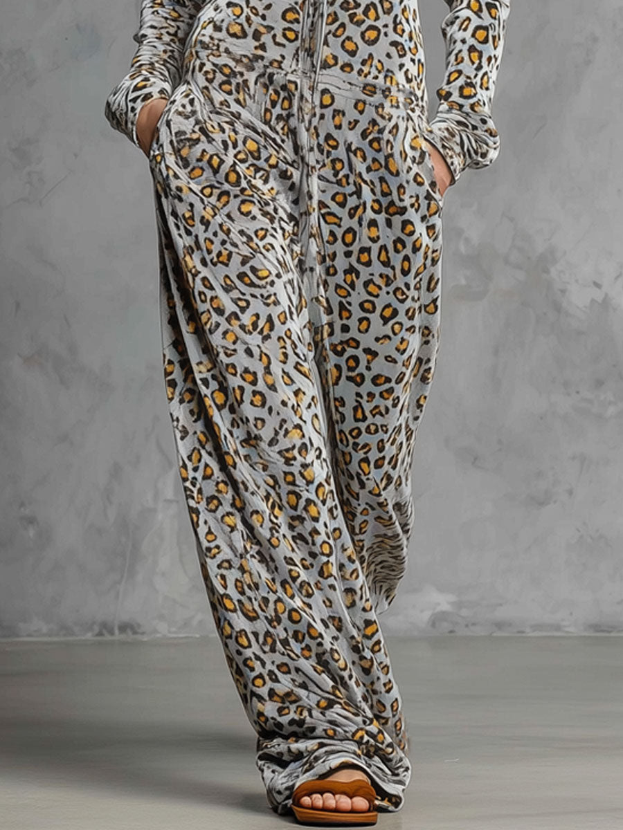 Casual Retro Gray Velvet Leopard Print Hooded Sweatshirt Wide-Leg Jumpsuit