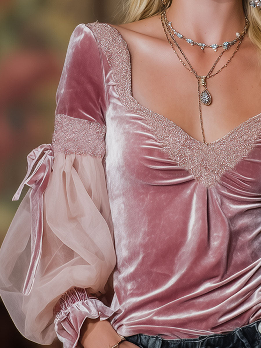 Elegant V-neck Velvet Seersucker Bow Long-sleeved T-shirt