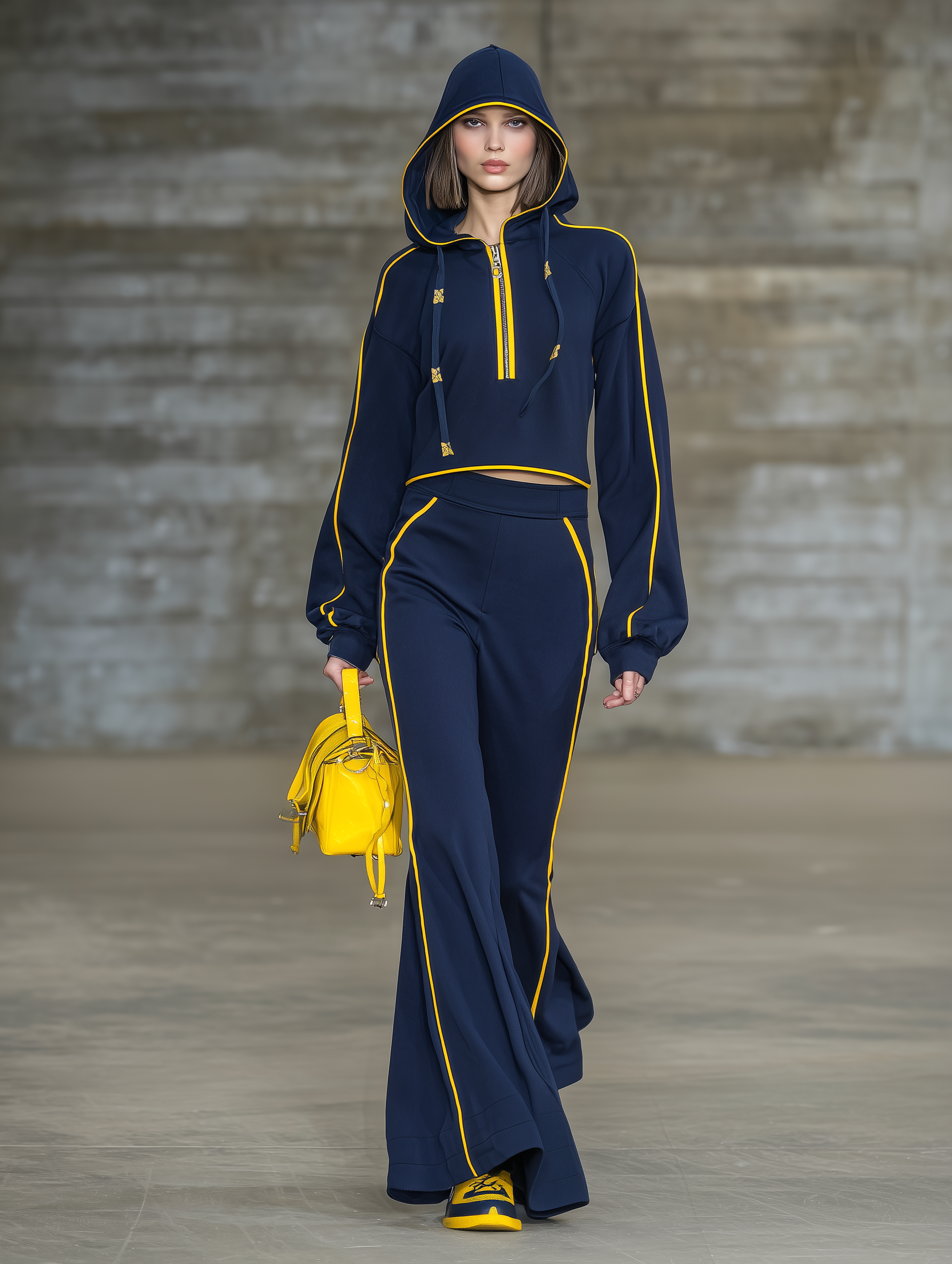 Casual Blue Hooded Top With Yellow Webbing Trim And Flared Trousers Set