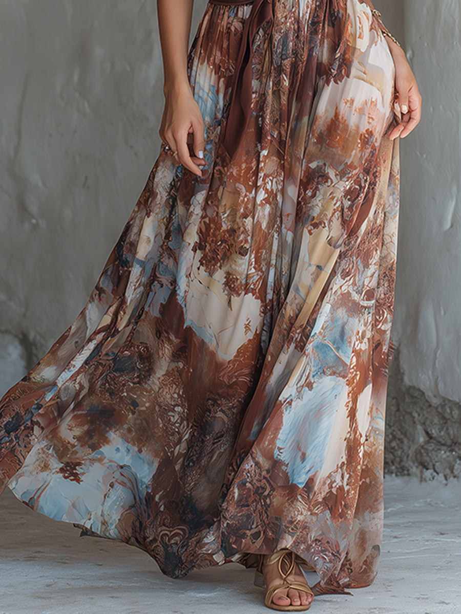 Chic Vacation-Style Brown Impression-Print Chiffon Halter Sleeveless Maxi Dress