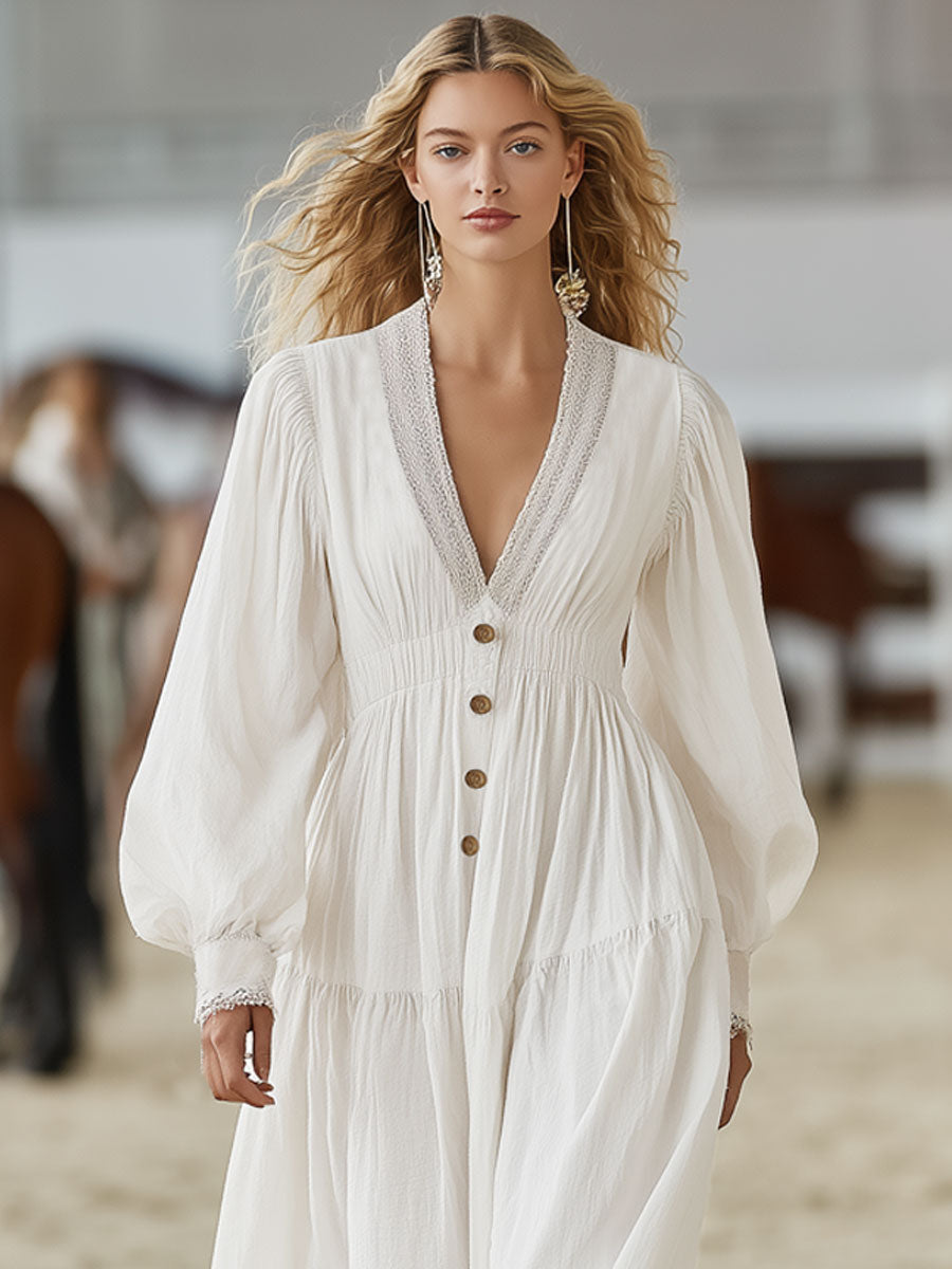 Vintage-style White Cotton-linen Long-sleeved Maxi Dress