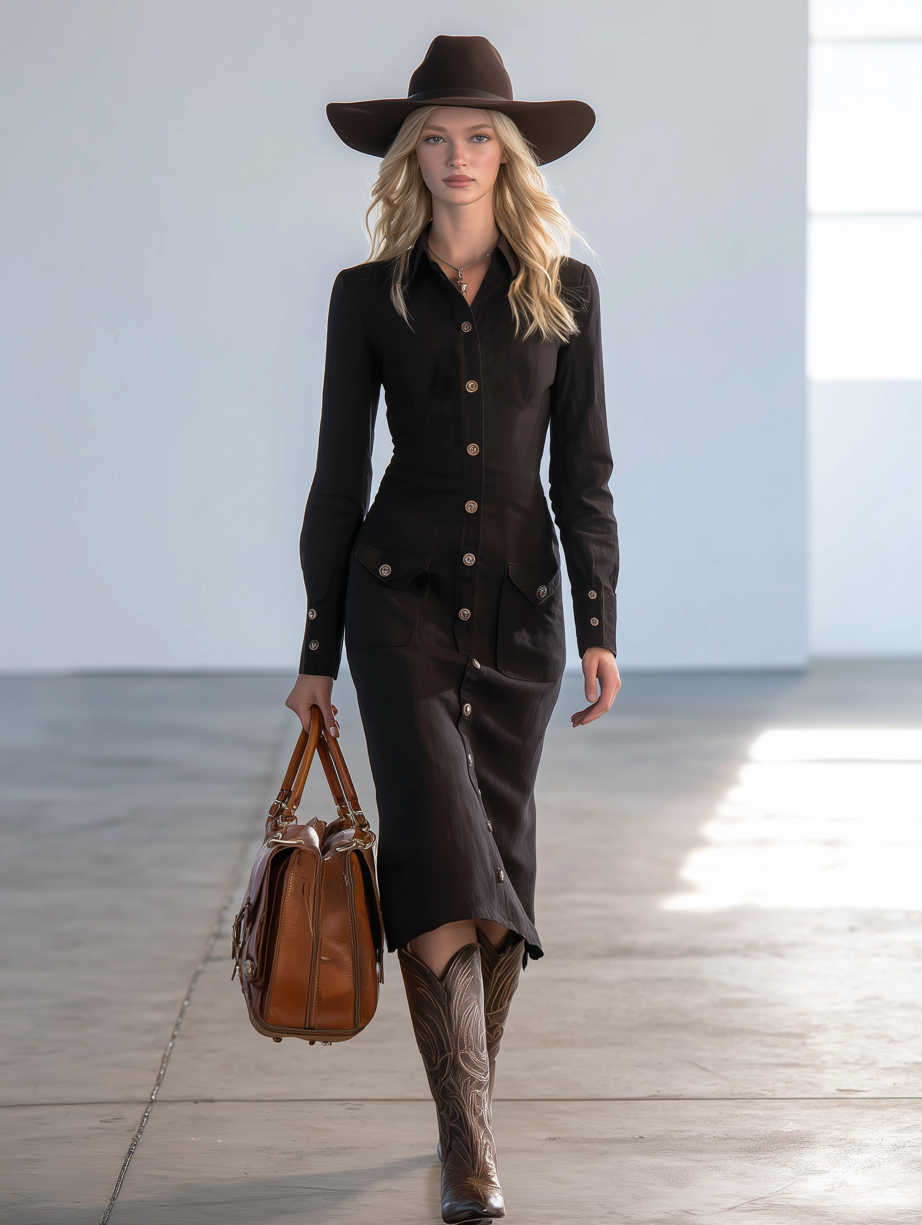 Elegant Black Linen With Button Closure Midi Dress