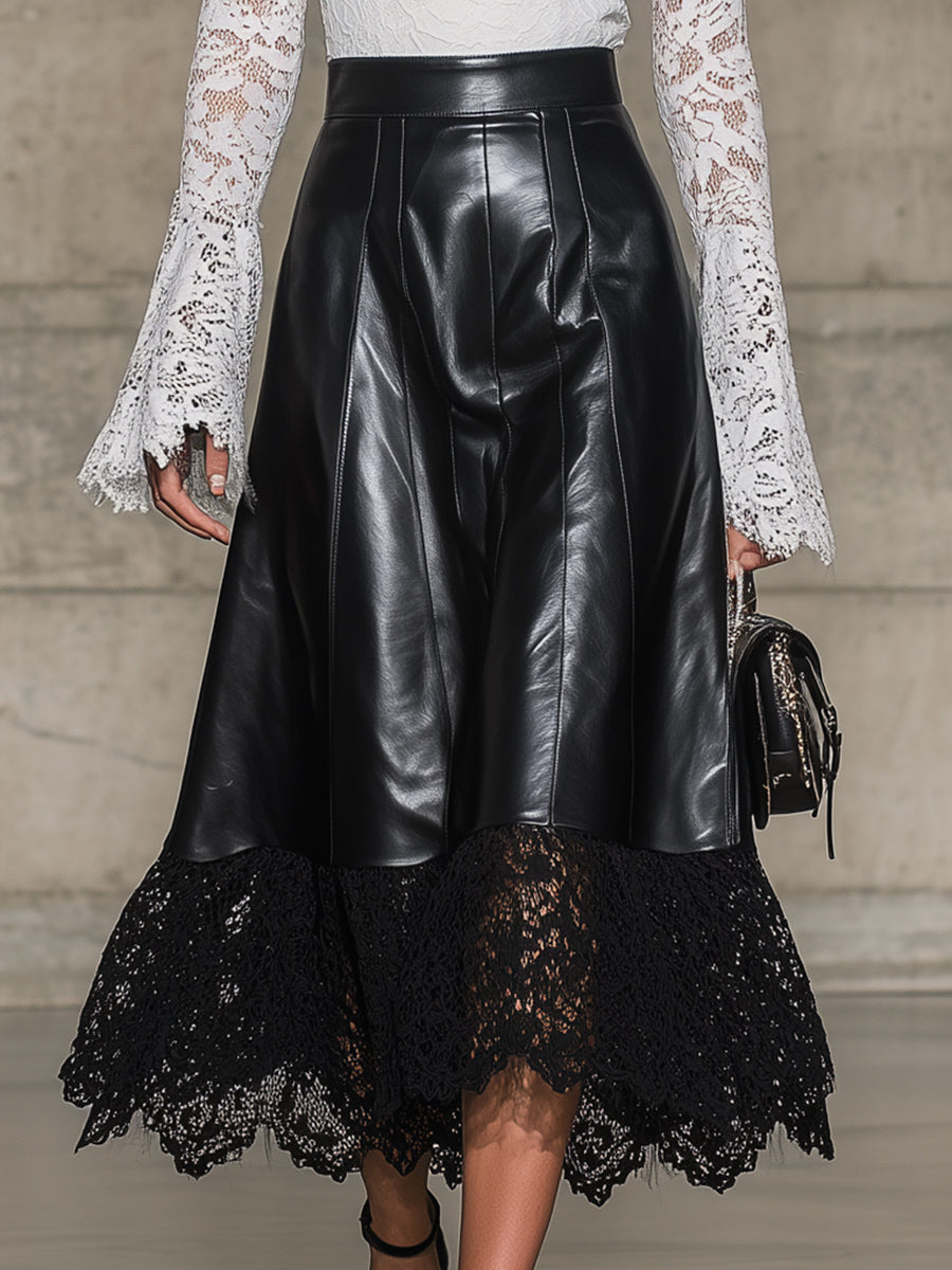 Stylish Black Faux Leather And Lace Patchwork Midi Skirt