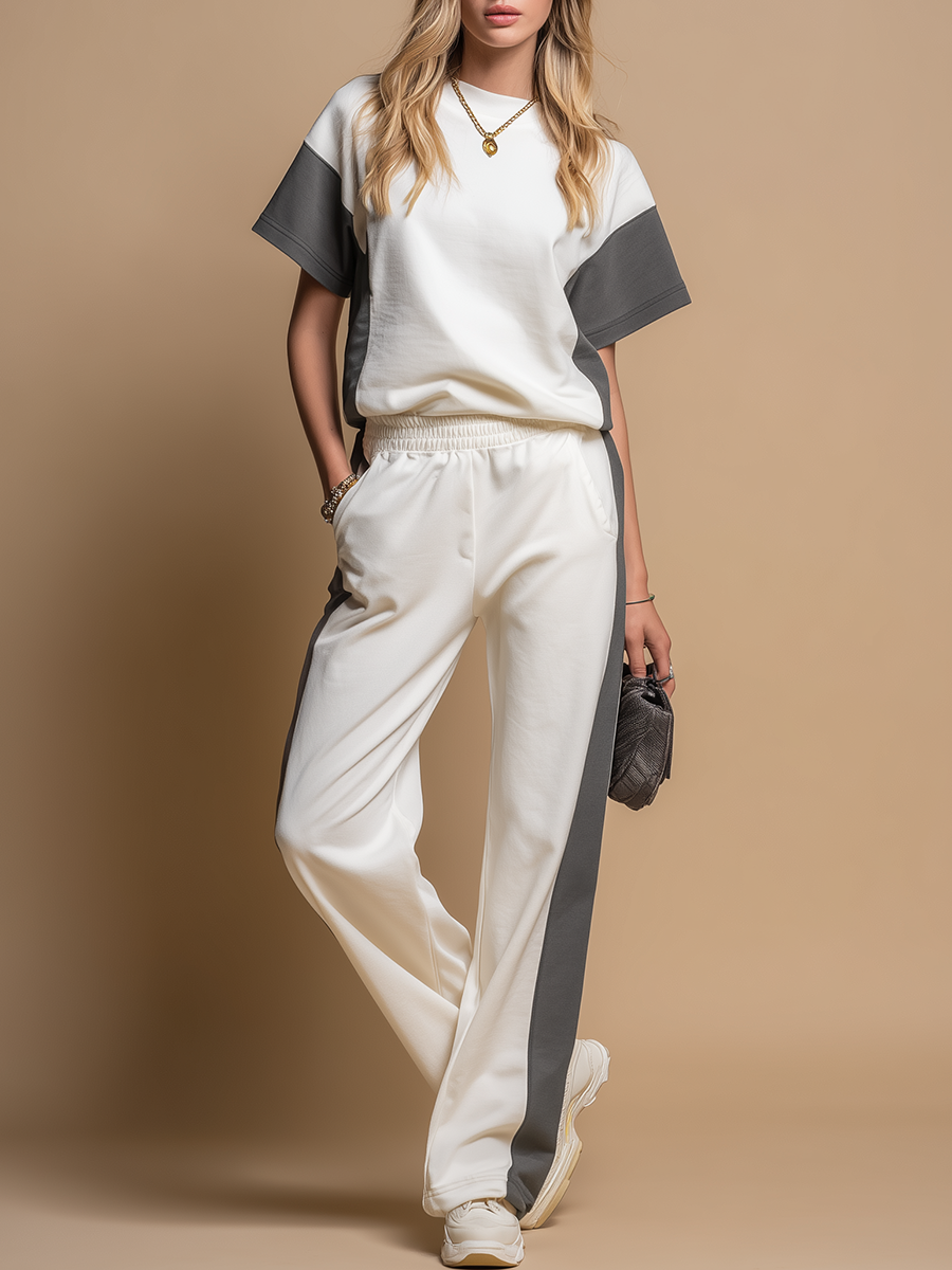 Stylish Round-neck Short-sleeved T-shirt And Wide-leg Pants Set