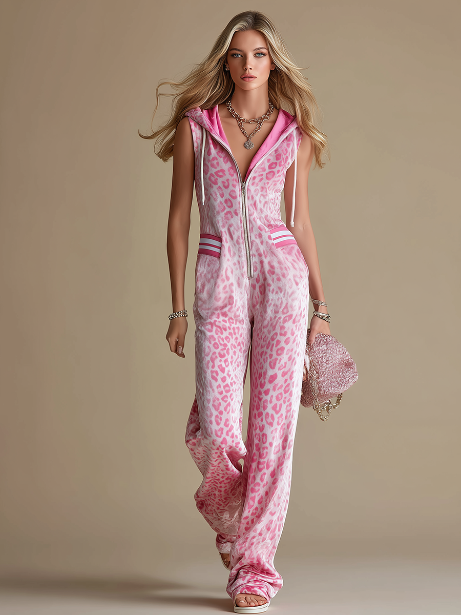 Sporty Casual Leopard Print Velvet Hooded Jumpsuit
