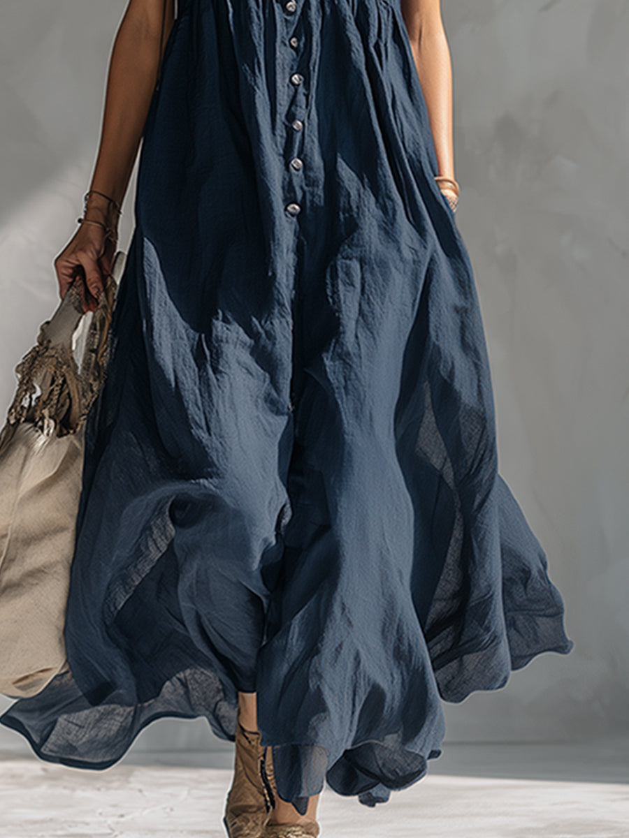 Modern Urban Style Leopard Print Collar Navy Blue Cotton And Linen Sleeveless Maxi Dress