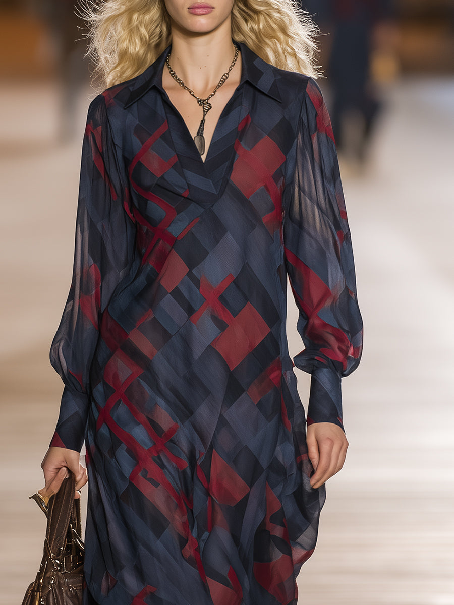 Retro-chic Red And Blue Floral Print V-neck Chiffon Maxi Dress