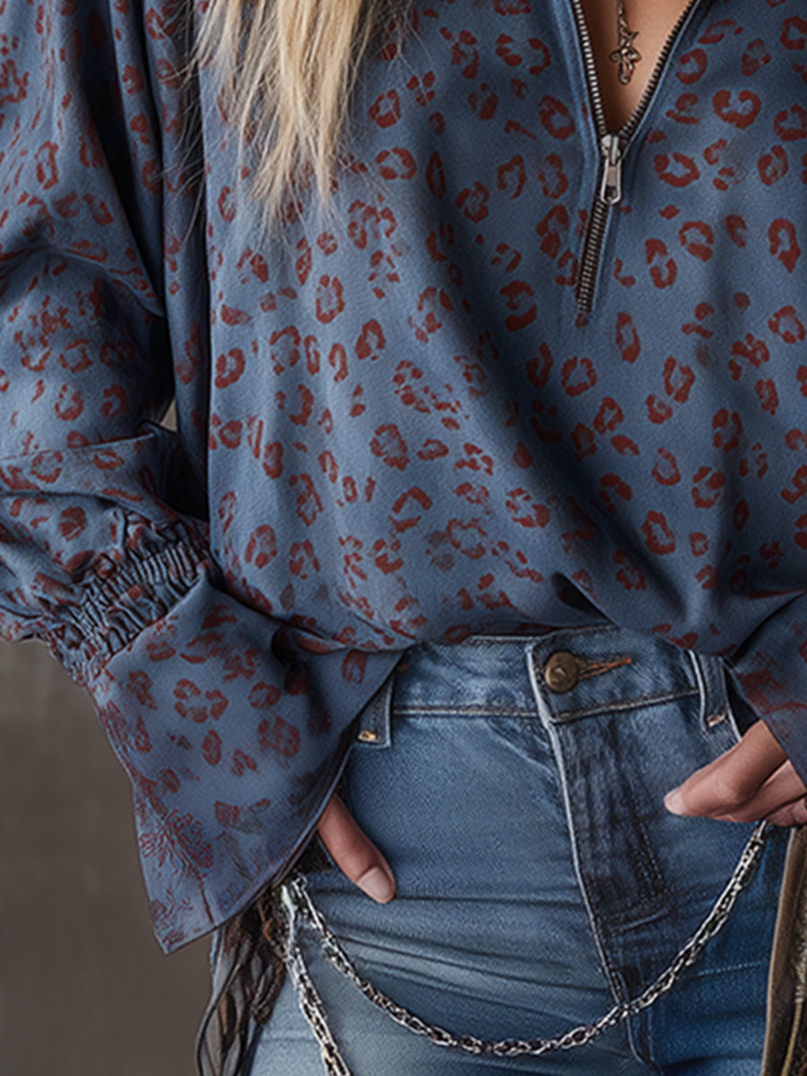 Western-style Casual Leopard Print Blue Faux Suede Shirt
