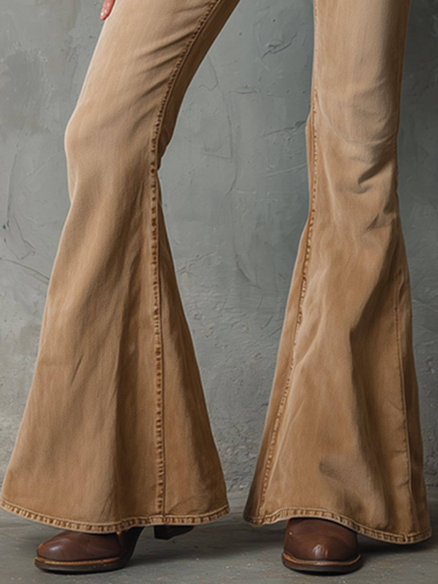 Stylish And Retro Versatile Khaki Denim Flared Pants