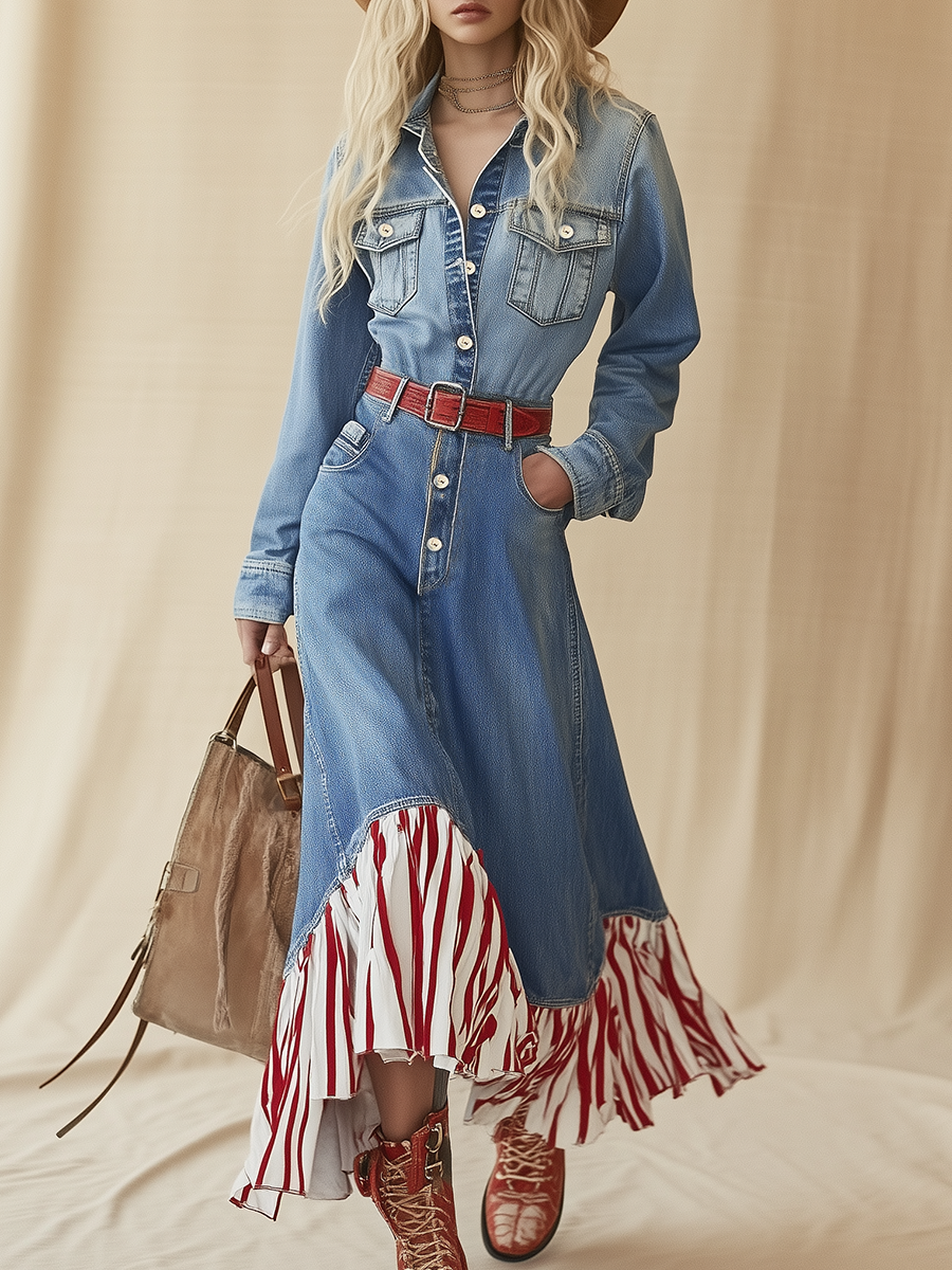 Retro Chic Red Striped Hem Blue Denim Maxi Dress