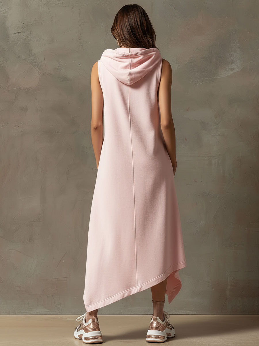 Sporty Retro Sleeveless Pink Hooded Cardigan Dress With Asymmetrical Midi Length