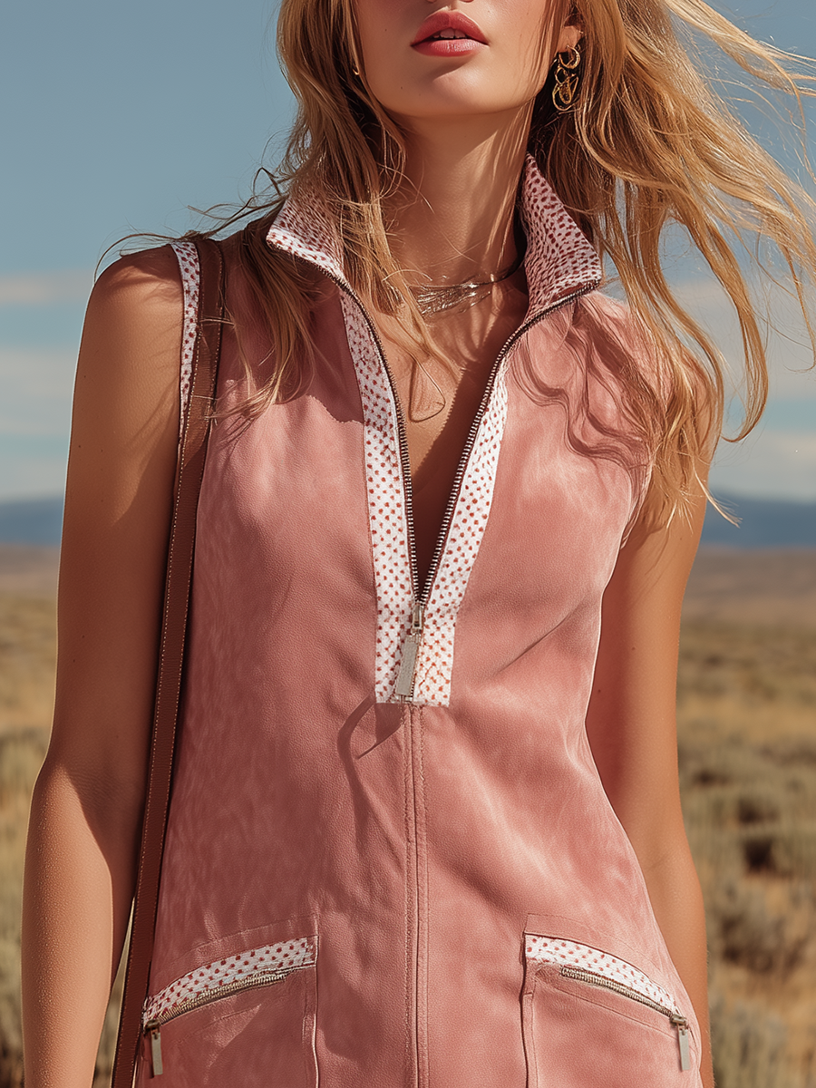 Western Bohemian Style Stand-up Collar Sleeveless Zip-up Faux Suede Mini Dress