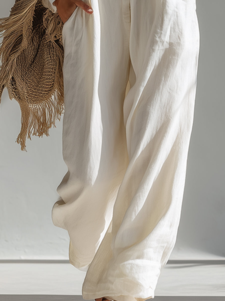 Elegant And Casual White Cotton And Linen Jumpsuit