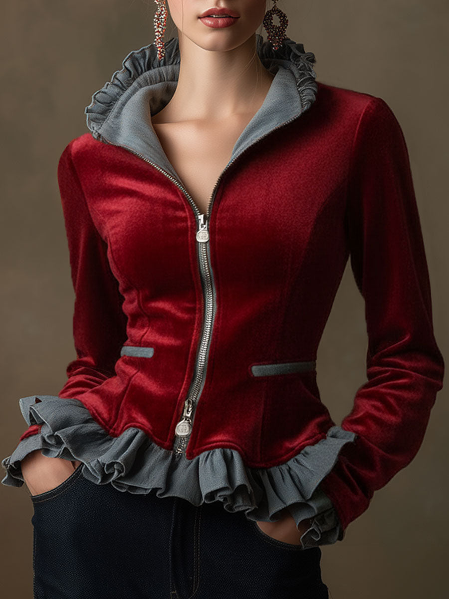 Fashionable Retro Red Velvet Denim Ruffled Zip-up Jacket