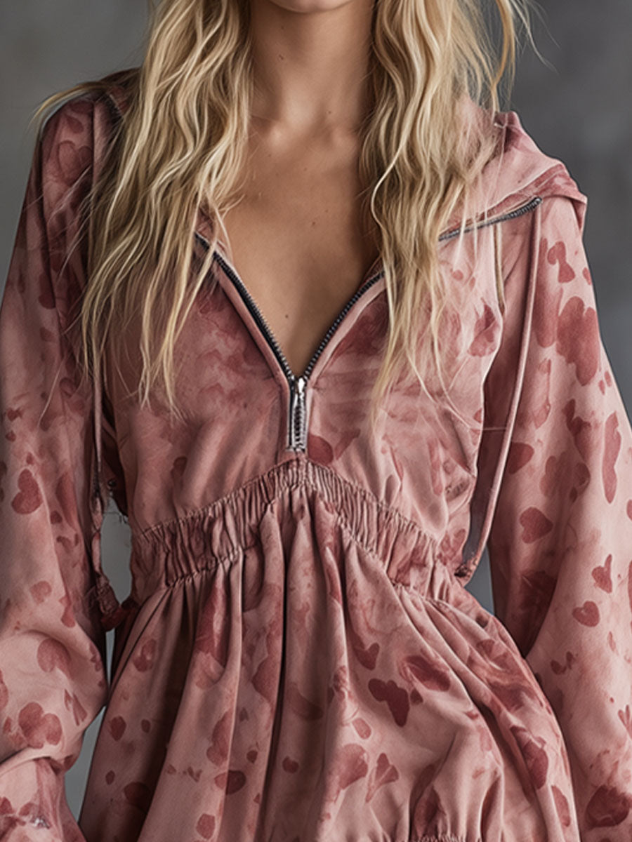 Artistic Heart Print Hooded Zip-up Ruffle Faux Suede Long-sleeved Mini Dress