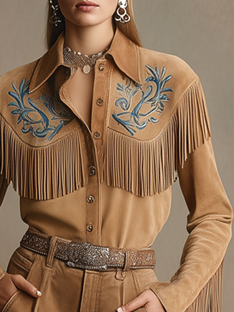 Western-style Retro Embroidered Tassel Camel Faux Suede Long-sleeved Shirt