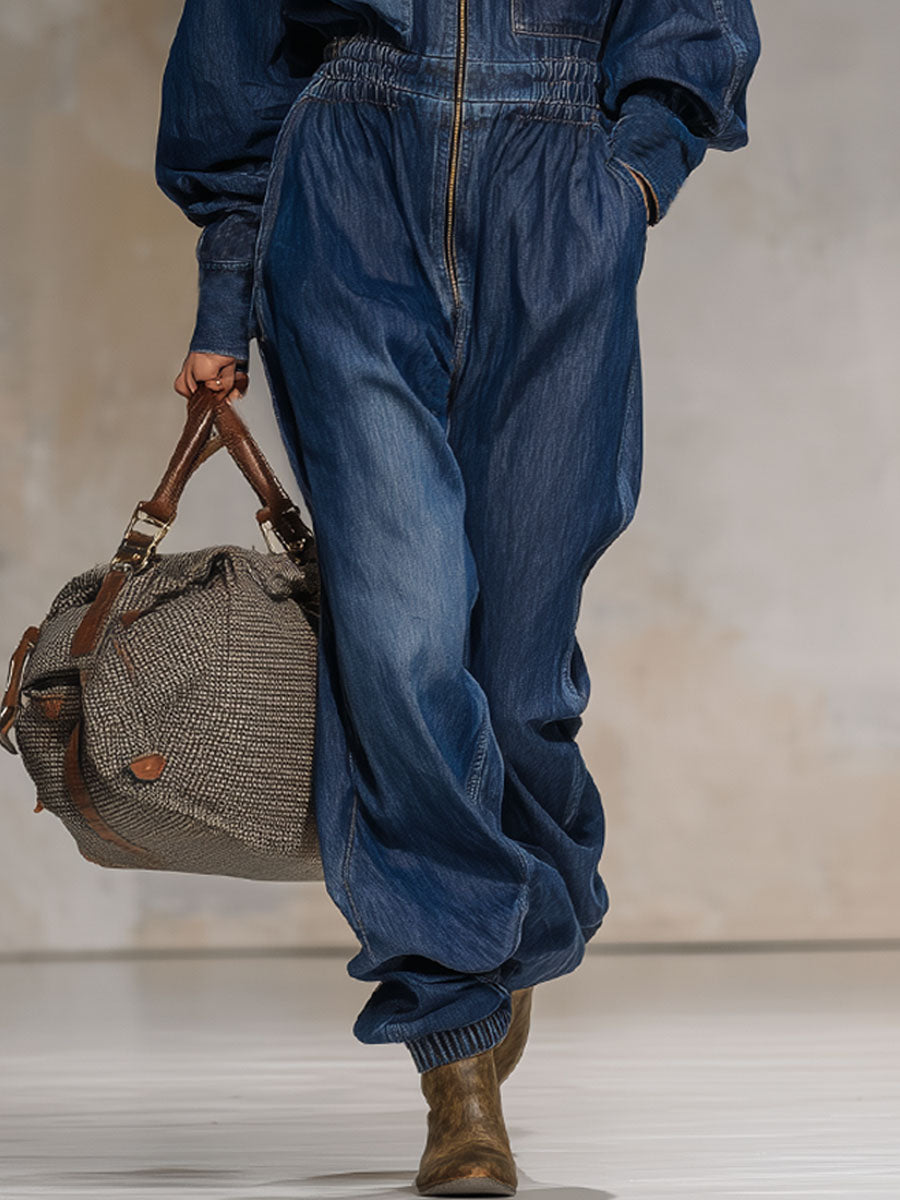 Retro-style Collared Multi-pocket Zippered Denim Jumpsuit
