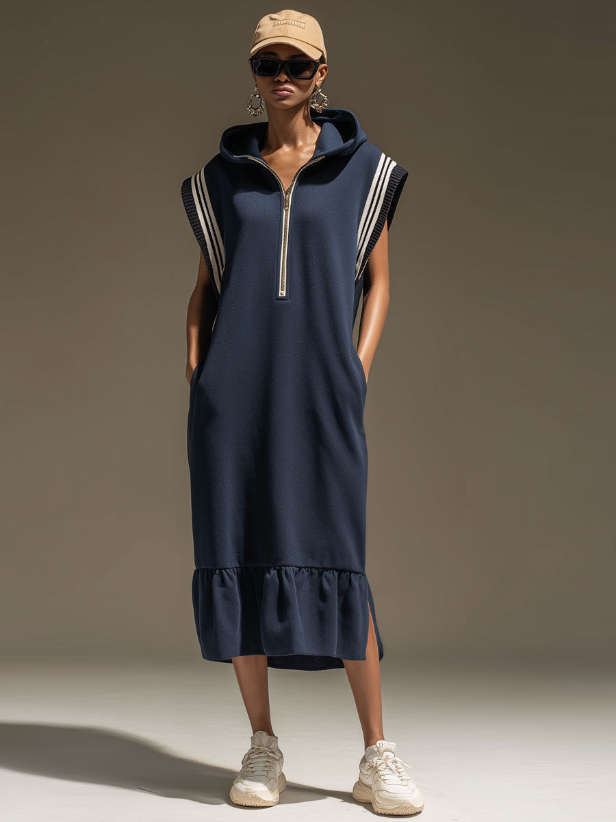 Sporty Retro Hooded Striped Ruffled Navy Blue Cotton Sleeveless Midi Dress