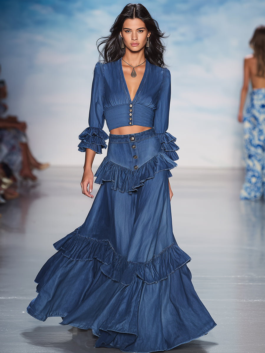 Elegant And Stylish Ruffle Trim Denim Skirt