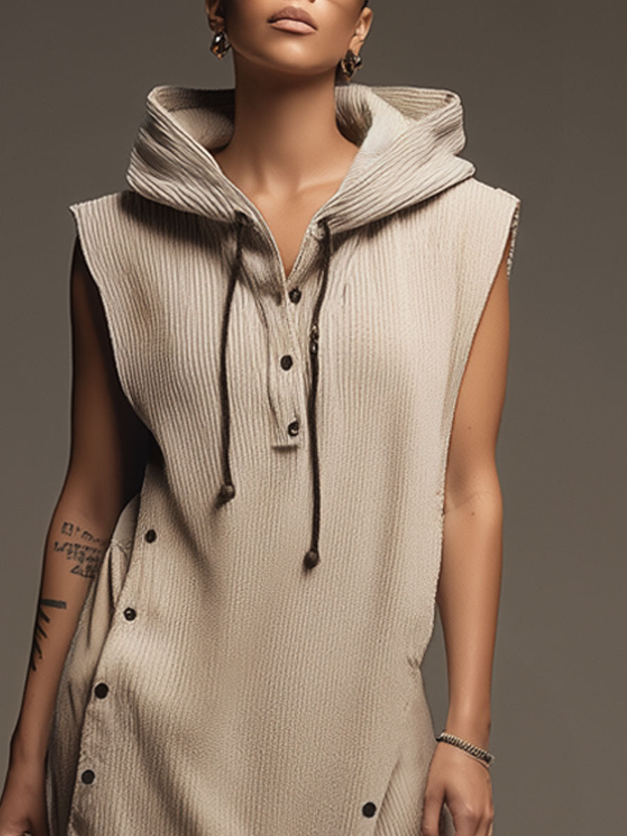 Sporty Retro Khaki Knit Ribbed Sleeveless Hooded Slit Maxi Dress
