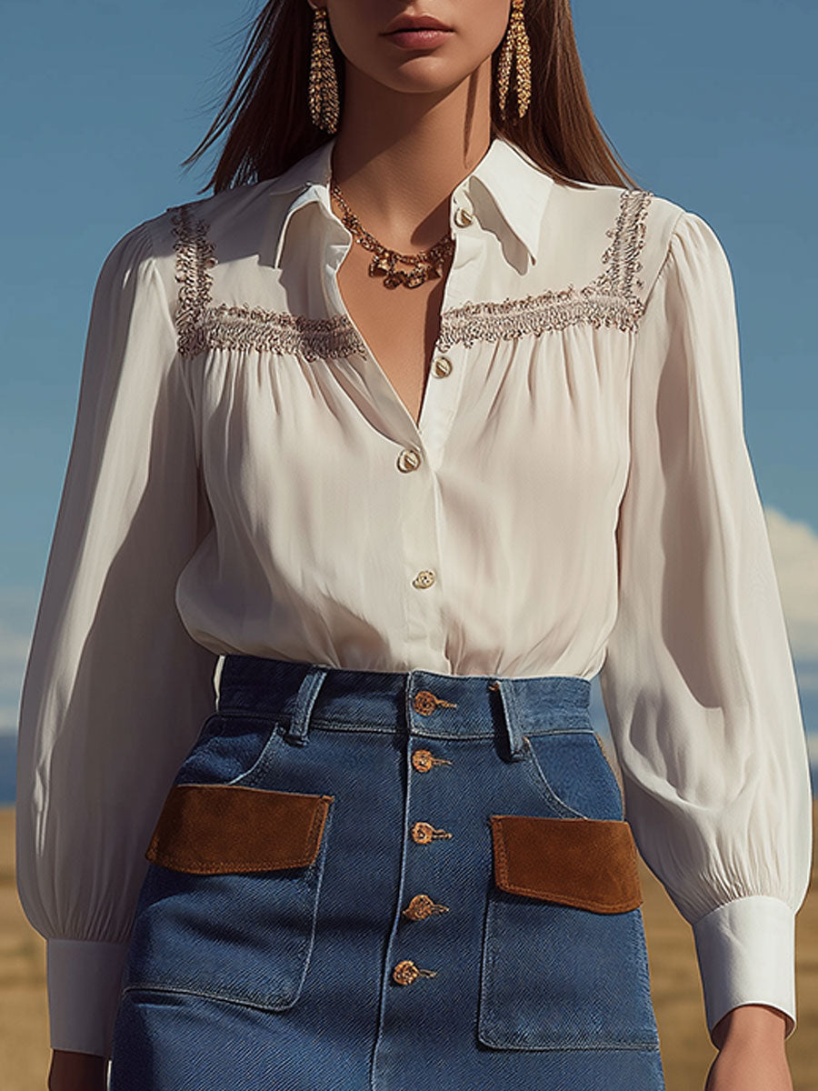 Western Retro Ribbon White Chiffon Long-Sleeve Shirt