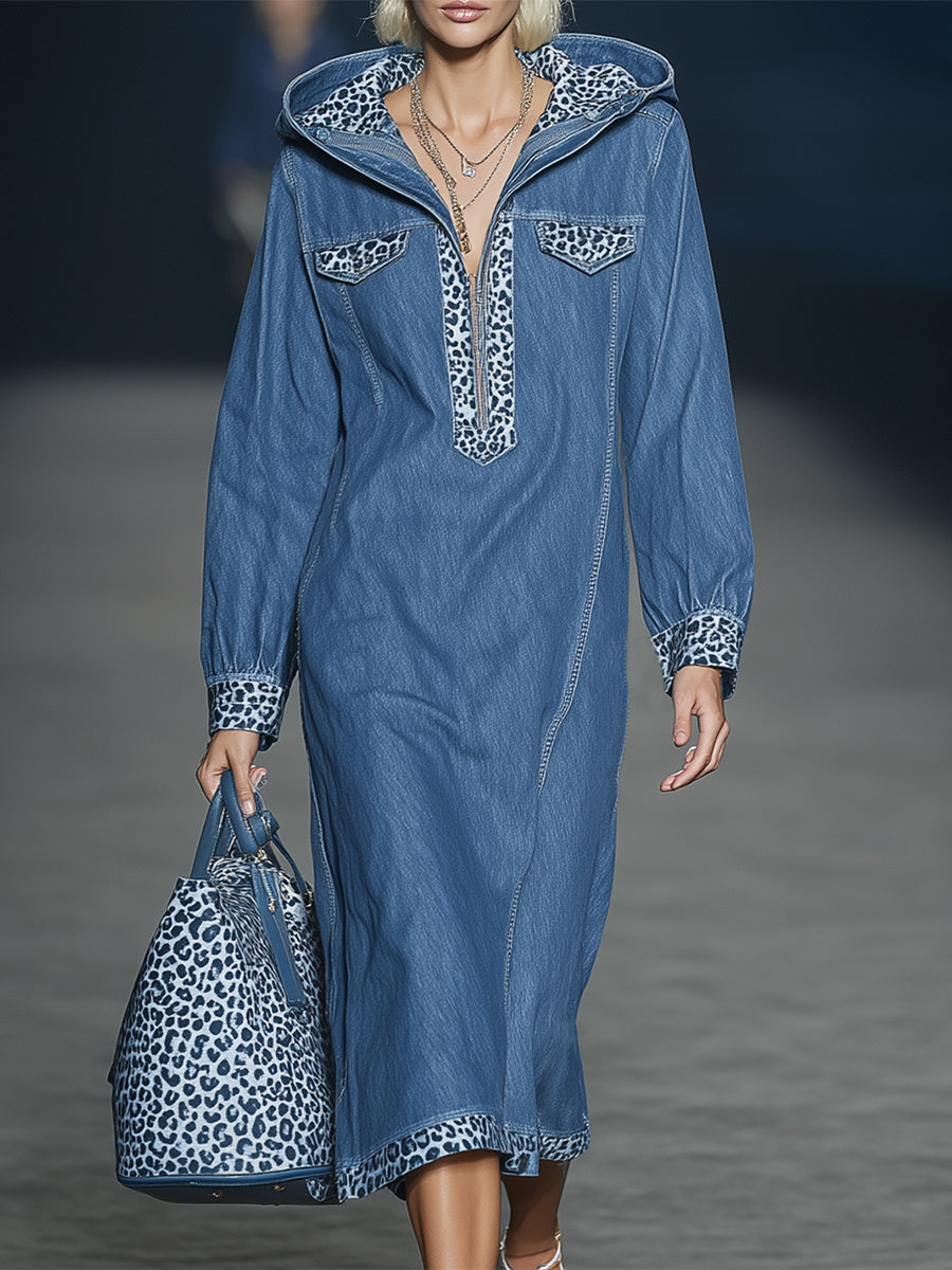 Stylish Blue Denim Patchwork Leopard Print Half-zip Hooded Midi Dress