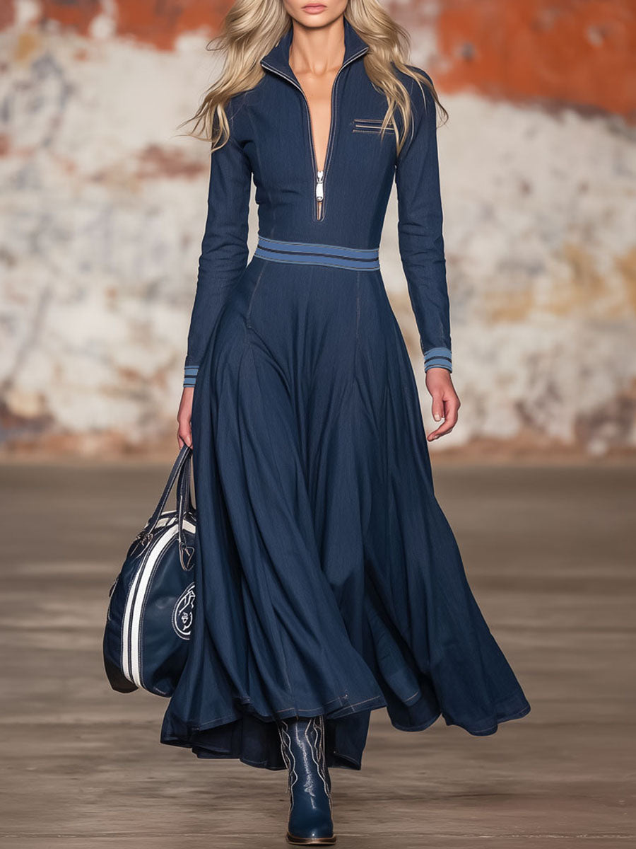 Stand-up Collar Half-zip Color-blocked Ribbed Denim Maxi Dress