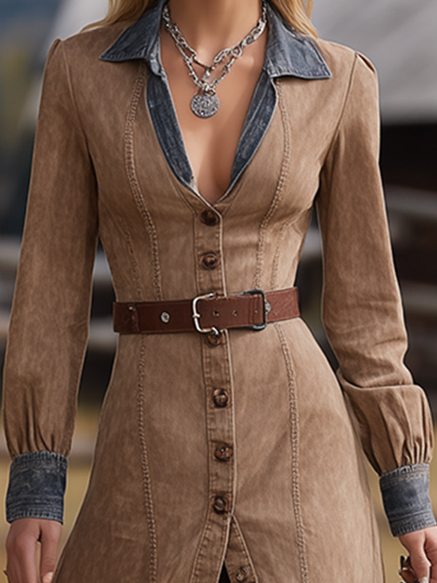 Retro Western Khaki Denim Color Block Collar Maxi Dress