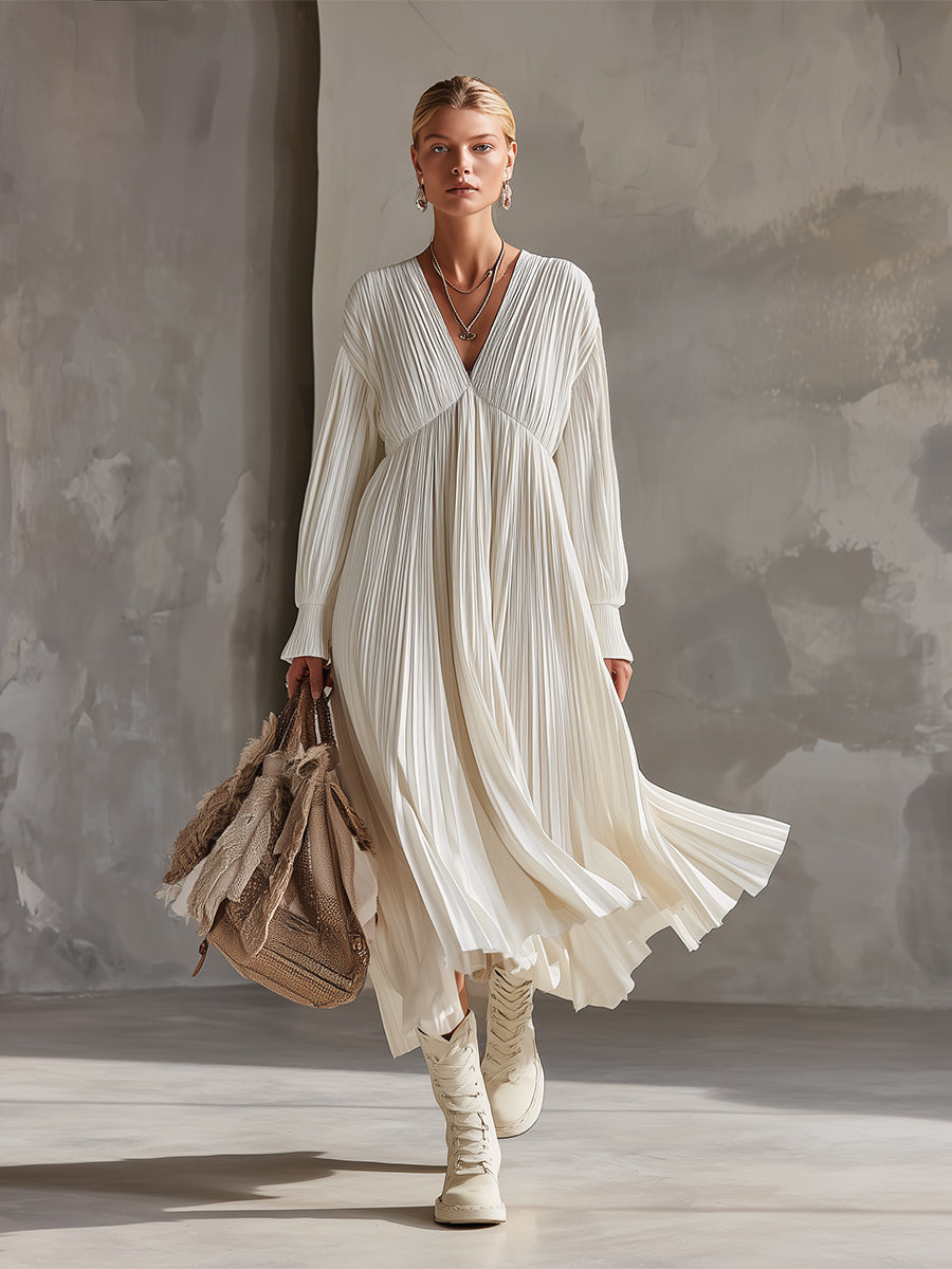 Elegant Urban Silhouette White Pleated Maxi Dress
