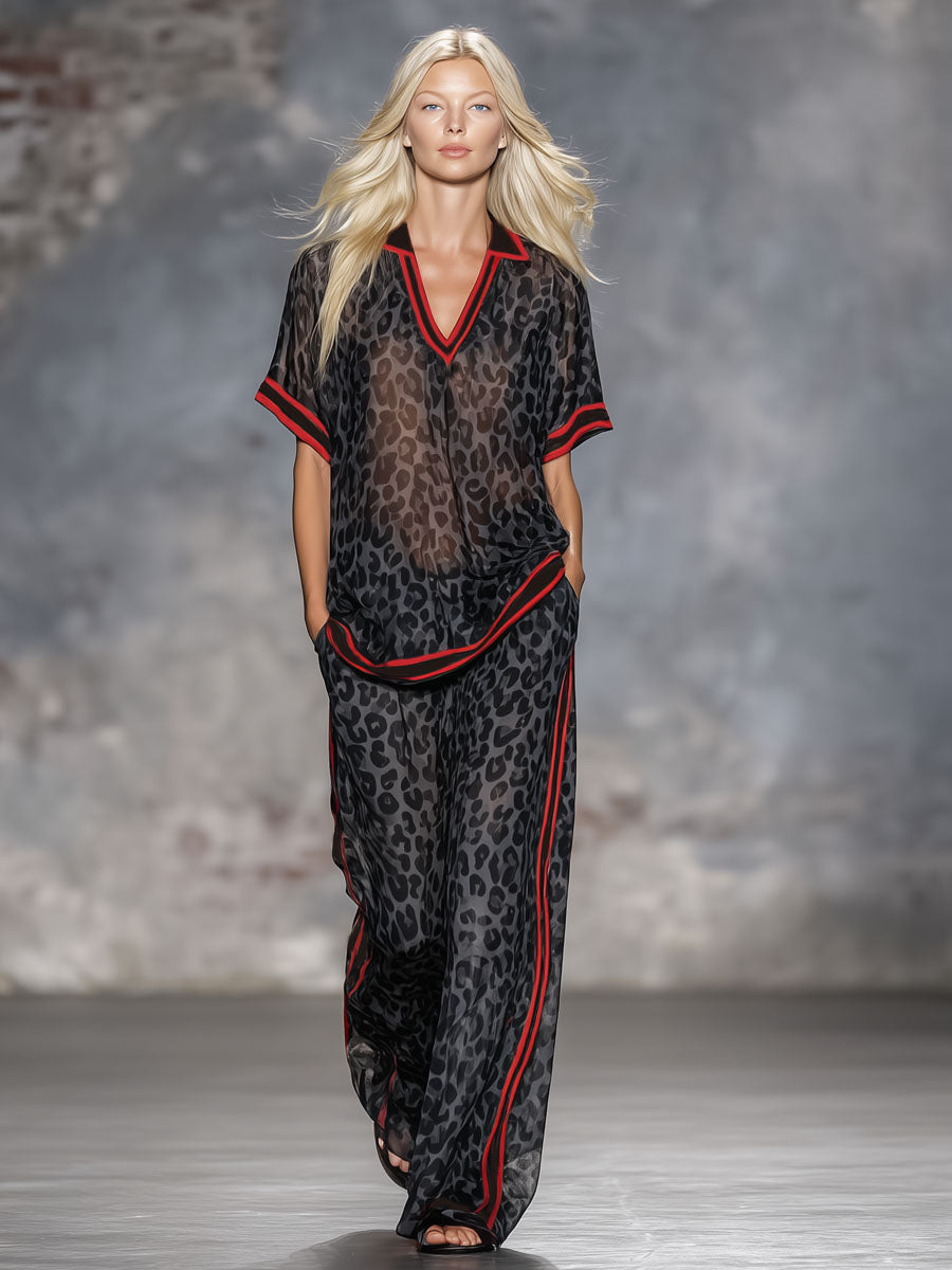 Leopard Print Chiffon Short-sleeved Top And Trousers Set
