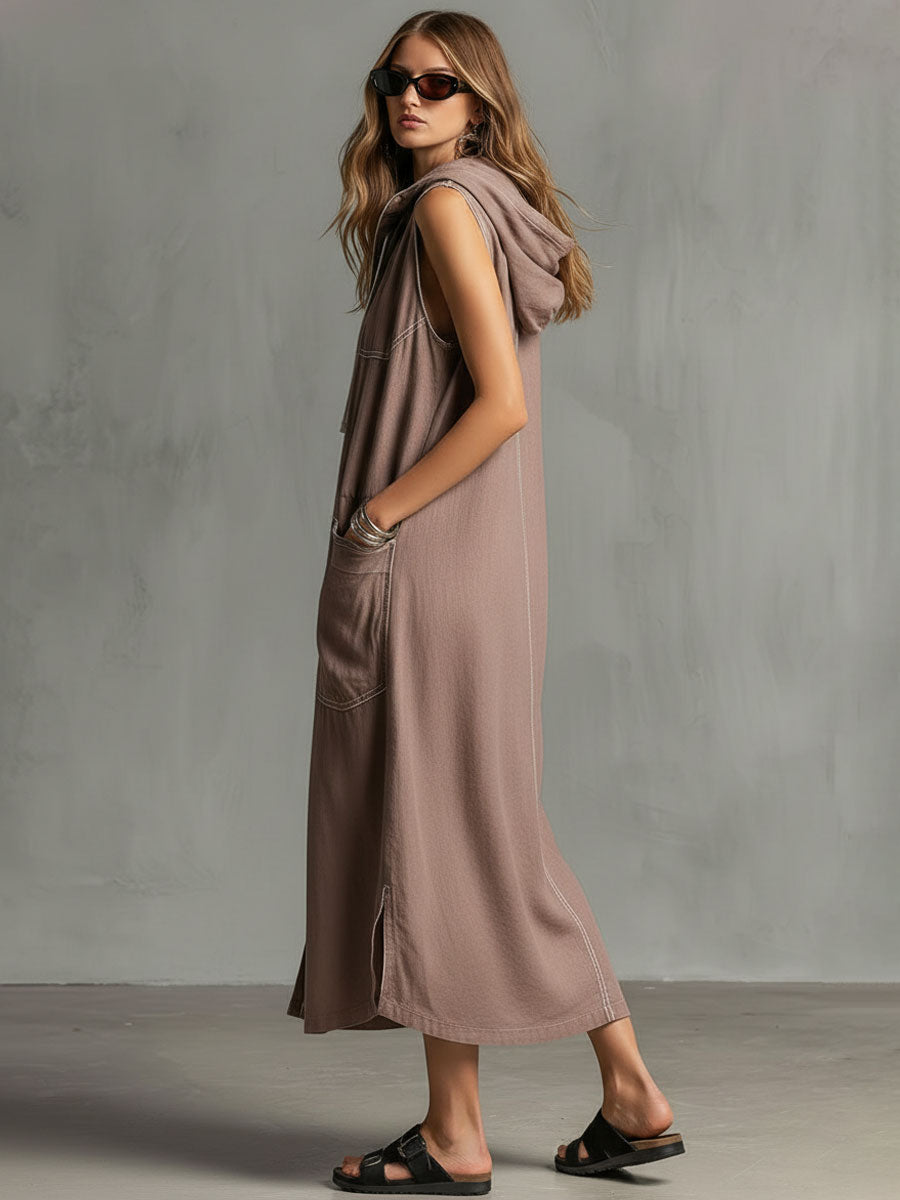 Casual Retro Mauve Cotton Linen Sleeveless Hooded Midi Dress