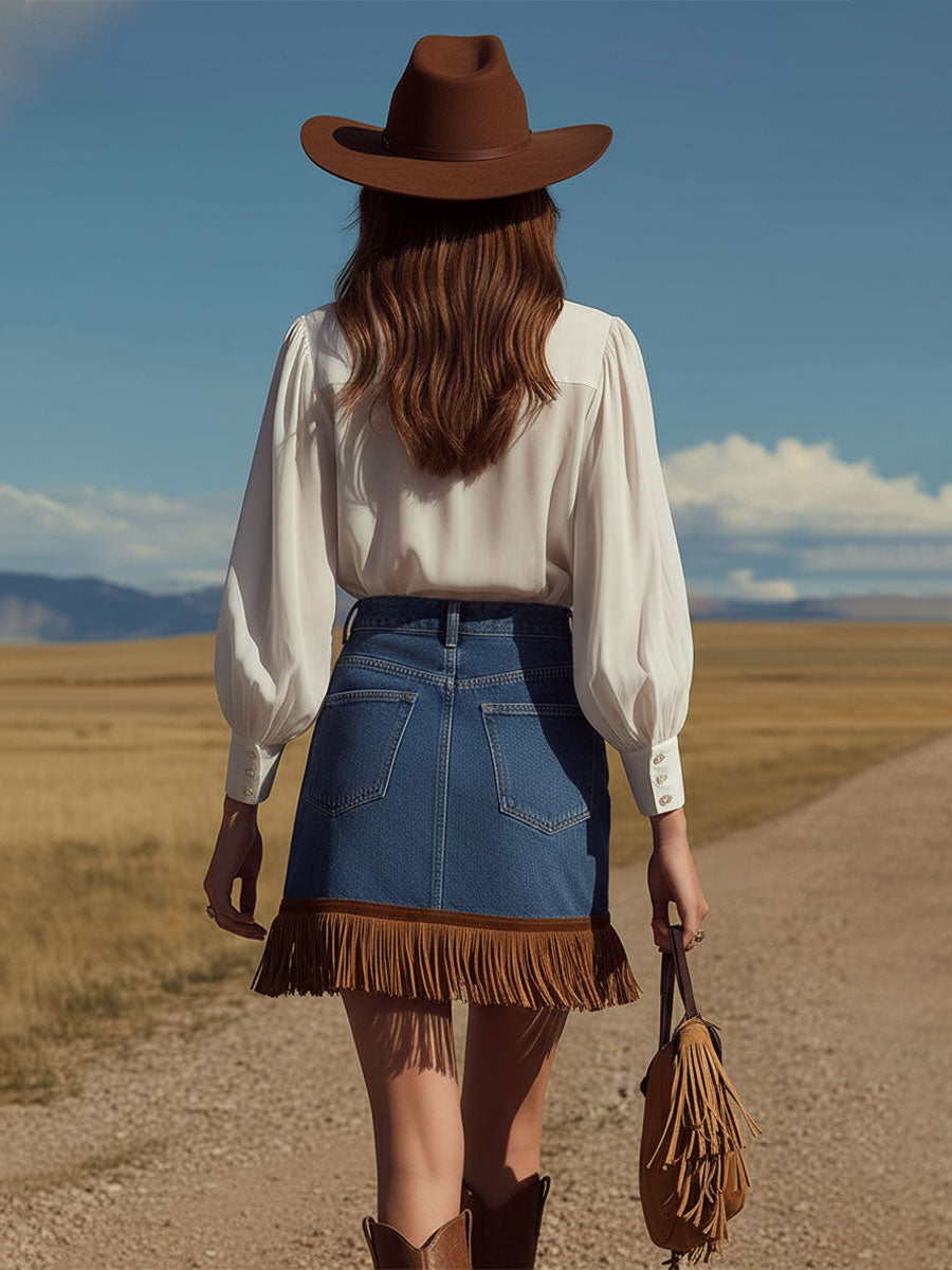 Western Retro Ribbon White Chiffon Long-Sleeve Shirt