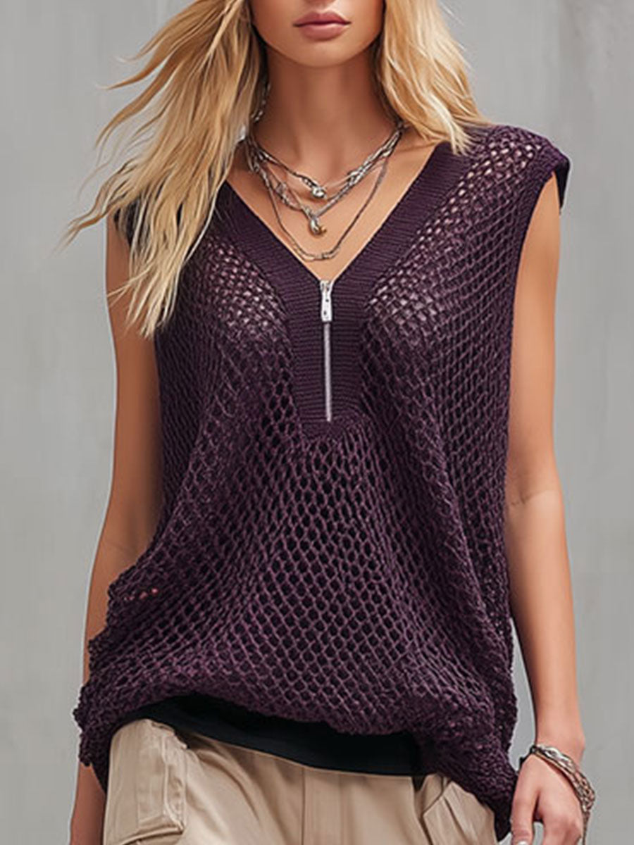 Stylish And Casual Purple Mesh Knit Sleeveless T-shirt And Khaki Trousers Set